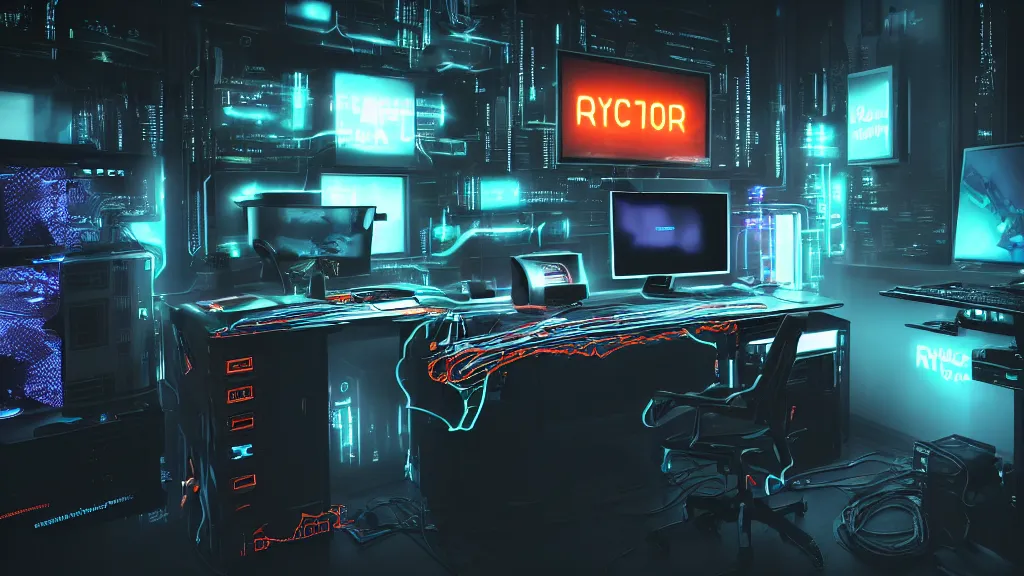 Image similar to a cyberpunk overpowered computer. Overclocking, watercooling, custom computer, cyber, mat black metal, alienware, Cyborg R.A.T 7, futuristic design, desktop computer, desk, home office, whole room, minimalist, Beautiful dramatic dark moody tones and lighting, orange neon, Ultra realistic details, cinematic atmosphere, studio lighting, shadows, dark background, dimmed lights, industrial architecture, Octane render, realistic 3D, photorealistic rendering, 8K, 4K, computer setup, highly detailed