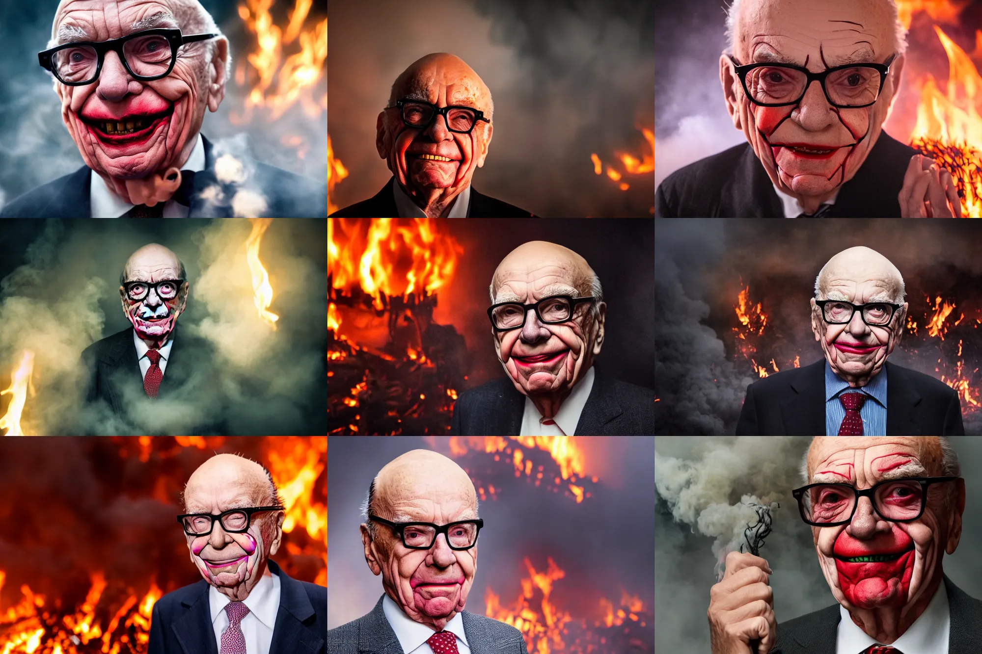 Prompt: Rupert Murdoch wearing glasses and makeup like The Joker, standing in hell surrounded by fire and flames and demons and smoke and brimstone, volumetric fog, portrait photography, depth of field, bokeh