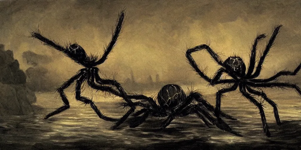 Image similar to hyperrealism Baptism on the river, monster spider in style of Goya