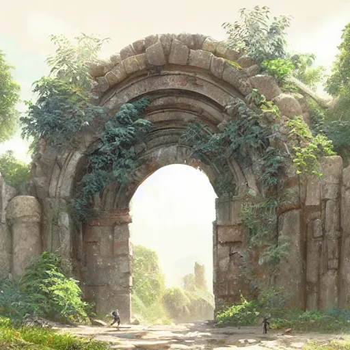 Image similar to concept art painting of an ornate ancient stone archway, in the woods, realistic, detailed, cel shaded, in the style of makoto shinkai and greg rutkowski and james gurney