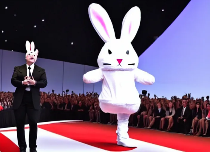 Image similar to elon musk presenting the new tesla wearing a bunny costume, award winning photo