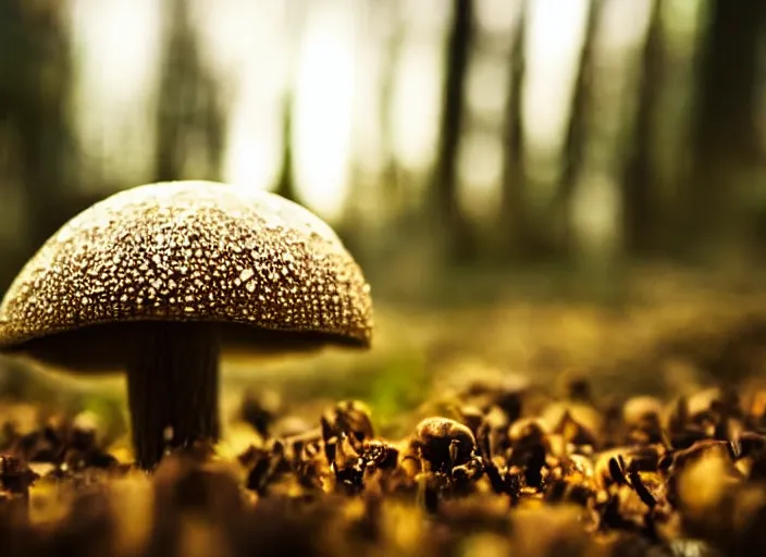 Image similar to a magical forest with delicate mushrooms that glow in the dusk, macro close up, bokeh,