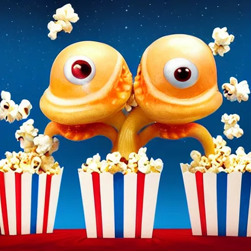 Image similar to hyper realistic, two headed squid eating popcorn at the cinema