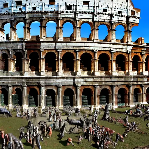 Prompt: the roman coliseum with spectator apes and humans killing each other