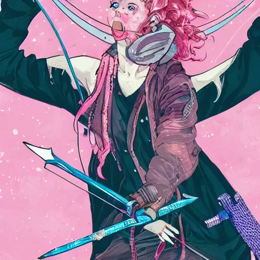 Image similar to close up, posing pointing with an arrow bow and screaming with fury, a grungy cyberpunk anime, very cute, by super ss, curly pink hair, night sky by wlop, james jean, victo ngai, highly detailed