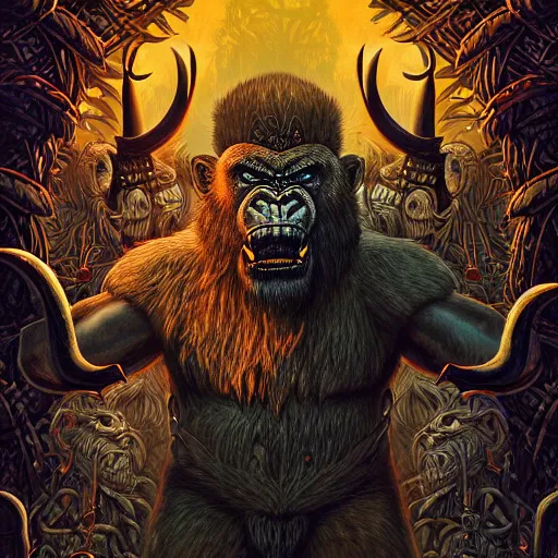 Prompt: barong family member, viking warrior, viking beard, reindeer horns, runic inscription, king kong, gorilla, wiwek, mara demon, one single tribe member, jungle, one single mask, dark, ancient warrior, tribal, inner glow, art by dan mumford and justin gerard and wayne barlowe and bob pepper