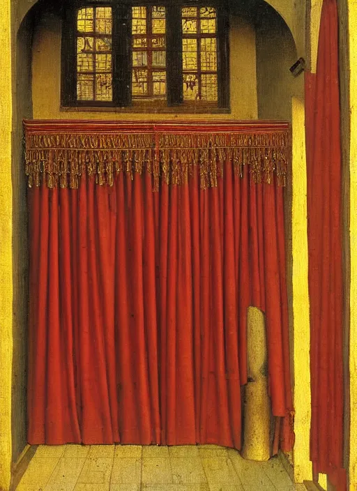 Image similar to red curtain, medieval painting by jan van eyck, johannes vermeer, florence