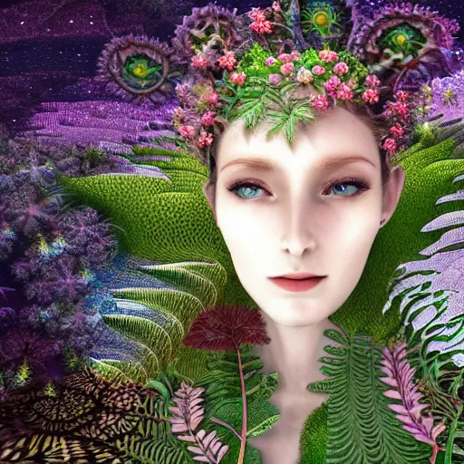 Prompt: an idealistic woman, porcelain face, clear eyes, with classic cloth and fractal flowery hair in a fractal garden, glowing delicate flower and ferns that grow in a dark fatansy forest on the planet pandora,