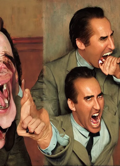 Prompt: full body and head portrait of nicholas cage screaming about crazy evil in a restaurant and being restrained by the manager, painted by norman rockwell and tom lovell and frank schoonover