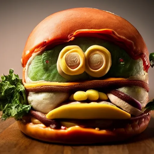 Image similar to a humanoid bipedal upright zombie that strongly resembles a hamburger, professional food photography