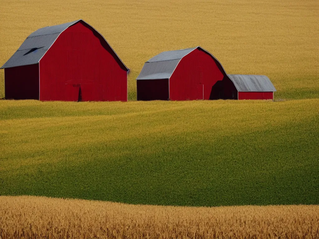 Prompt: A single isolated old red barn next to a wheat crop at the bottom of a cliff at noon. Award winning photography, wide shot, surreal, dreamlike.