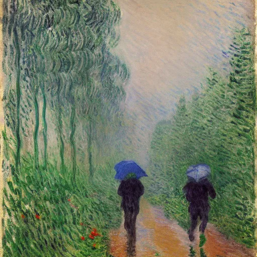 Prompt: two runners in the rain on a trail by monet