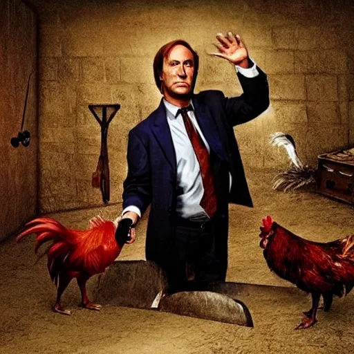 Image similar to saul goodman and a rooster in a saw movie torture chamber, horror movie background, saul goodman, rooster, photo