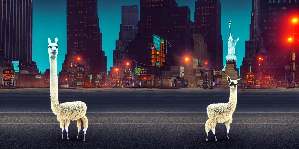 Image similar to a llama walking through a desolate manhattan city street at night, statue of liberty seen in the background, realistic 4 k octane beautifully detailed render, 4 k post - processing, highly detailed, detailed face, intricate complexity, epic composition, magical atmosphere, cinematic lighting, masterpiece, color picture, ultra hd