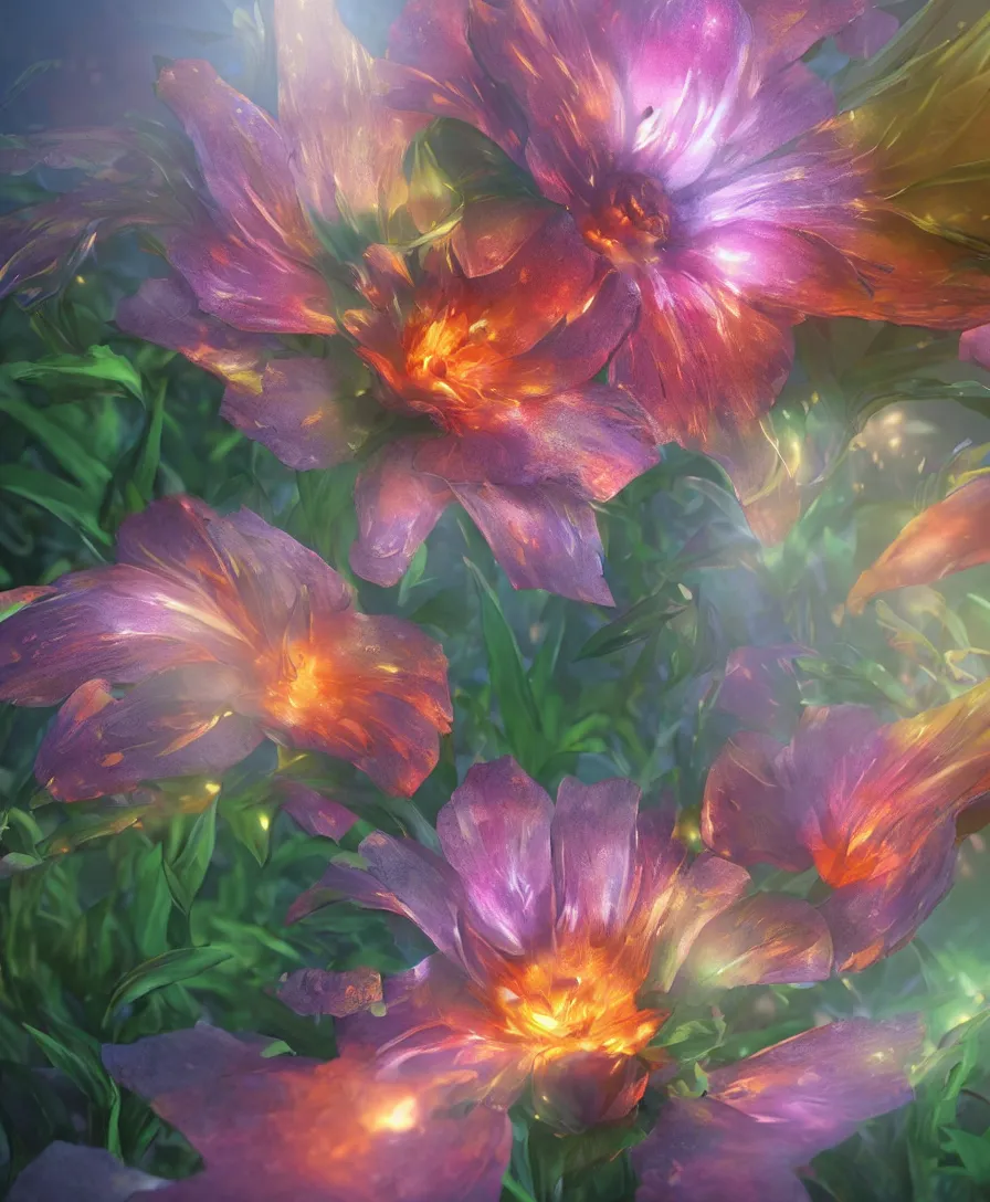 Prompt: hyper realistic flower in the garden with fire texture on the petals, close up, illustrated by greg rutkowski, beautiful volumetric lighting, intricate, ultra detailed, photorealistic, trending on artstation, octane render, 8 k