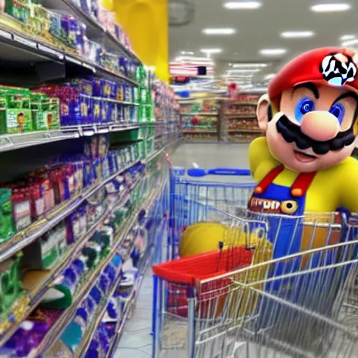 Image similar to Super Mario shopping in Tesco, photograph, photorealistic, picture, supermarket, store