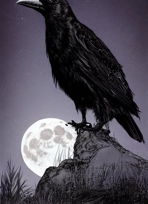 Image similar to portrait, A crow in front of the full big moon, book cover, red white and black colors, establishing shot, extremly high detail, foto realistic, cinematic lighting, pen and ink, intricate line drawings, by Yoshitaka Amano, Ruan Jia, Kentaro Miura, Artgerm, post processed, concept art, artstation, matte painting, style by eddie mendoza, raphael lacoste, alex ross