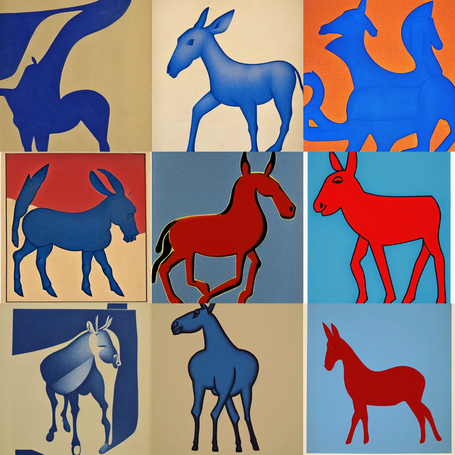 Prompt: lithograph of donkey in cycladic style, side view, silhouette, full body, solid colors, duotone, iconic, stylized, ultramarine blue and red iron oxide