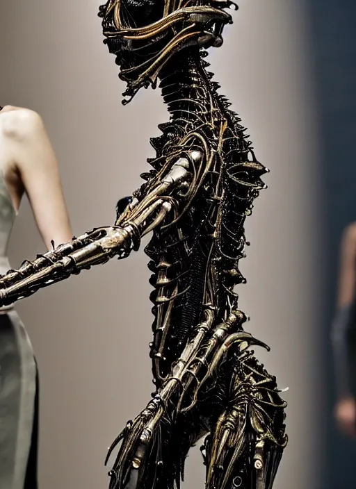 Image similar to walking down the catwalk, show, stage, vogue photo, podium, fashion show photo, iris van herpen baroque dress, beautiful woman, perfect body, full body shot, helmet on face, masterpiece, guyver, giger, biomechanical details, denis villeneuve, movie still, fauvism, cinestill, bokeh