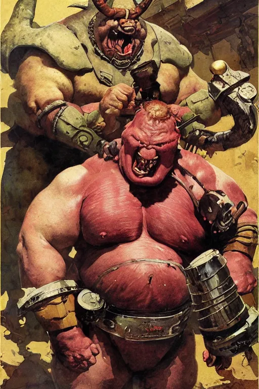 Prompt: exaggerated portrait of brock lesnar as huge raging fat horned ogre wearing butcher's apron and iron armour by norman rockwell, jack kirby, alex ross, bergey, craig mullins, ruan jia, jeremy mann, tom lovell, 5 0 s science fiction, pulp scifi fantasy marvel illustration