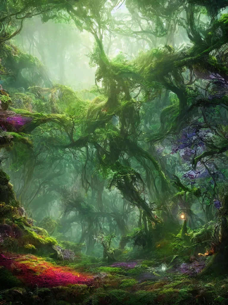 Image similar to a beautiful otherworldly fantasy landscape of a hidden forest with colorful mystical plants and huge psychedelic mushrooms as the trees like alice in wonderland, rendering, cryengine, deep color, vray render, cinema 4 d, cgsociety, bioluminescent