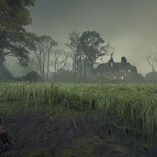 Prompt: a creepy scene of a swampy area with a house in the background, a screenshot by senior environment artist, polycount, gothic art, cryengine, playstation 5 screenshot, unreal engine 5