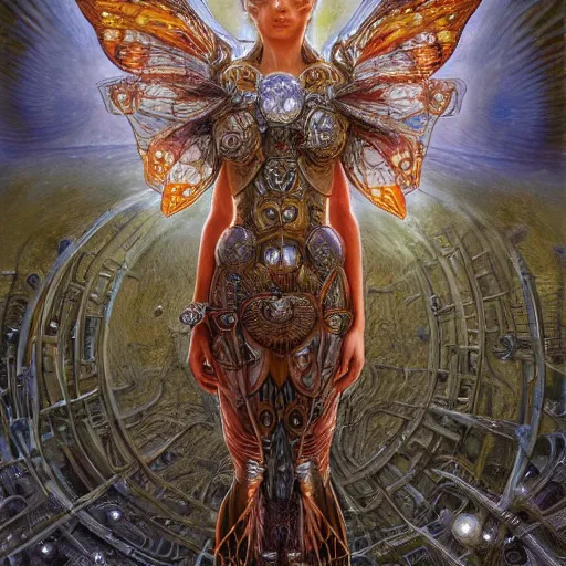 Image similar to realistic illustration of a beautiful rusted mechanical faerie queen with glowing eyes, moth wings with geometric patterns, reflective detailed textures, baroque dark fantasy science fiction painting by donato giancola and diego rivera and jean delville and michael whelan, silver and cool colors, artstation, octane render