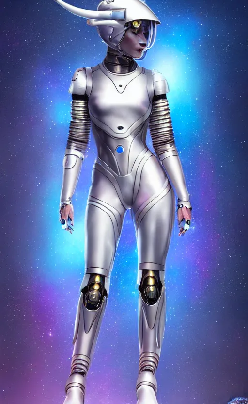 Prompt: beautiful feminine cyborg in full body space suit, unicorn helmet, steel boots, concept art by artgerm, photoshoot, intricate, highlydetailed, space background, artstation 4 k raytracing, shadows, highlights, illumination - n 4