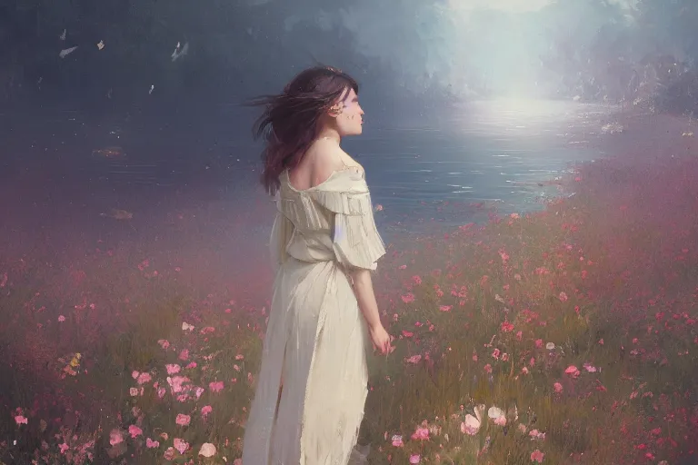 Prompt: a beautiful painting of the sea of flower, girl, by greg rutkowski, trending on artstation