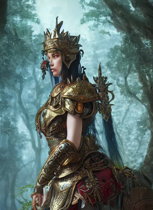 Image similar to Beautiful art portrait of a female fantasy queen in plate armour in a bright temple surrounded by lush forest, atmospheric lighting, intricate detail, cgsociety, hyperrealistic, octane render, RPG portrait, ambient light, dynamic lighting