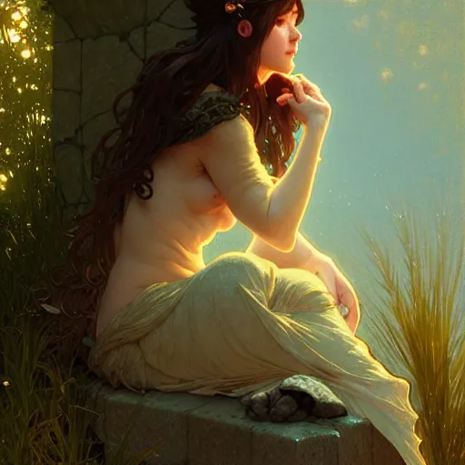 Prompt: A young woman sitting on a stone wall surrounded by water and glowing with light, intricate, delicate, elegant, highly detailed, digital painting, artstation, concept art, smooth, sharp focus, illustration, art by Krenz Cushart and Artem Demura and alphonse mucha