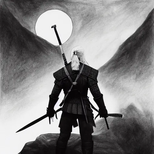 Prompt: the witcher standing at the edge of a cliff with his sword pointing up to the sun, pencil drawing