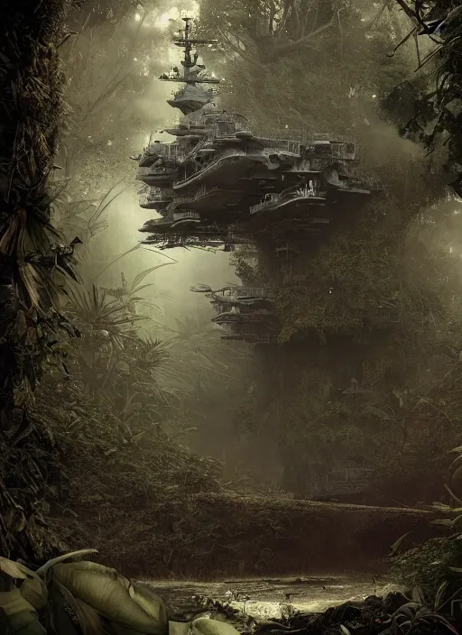 Prompt: the aircraft carrier USS Nimitz overgrown with vegetation laying on the ground of a tropical forest, post appocalyptic illustration by Luis Royo, by Greg Rutkowski, dark, gritty, intricate, cover illustration, concept art, volumetric lighting, volumetric atmosphere, sharp focus, octane render, trending on artstation, 8k