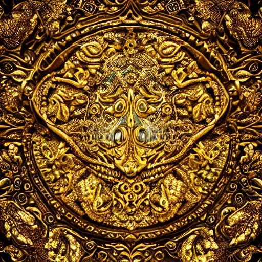 Image similar to Intricate a whole fantasy gold leaf, encrusted with jewels, detailed veins, sharp focus, illustration, high quality, 8k, volumetric lighting, on black background