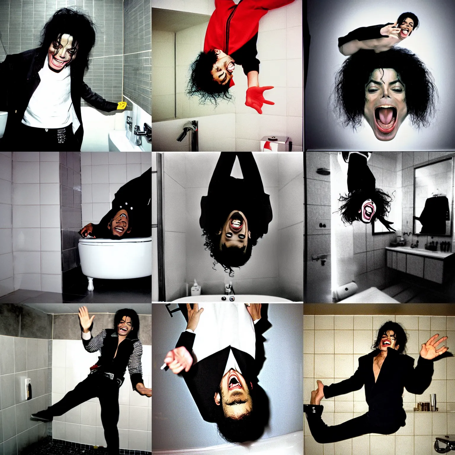 Prompt: michael jackson laughing and floating upside down in a bathroom.