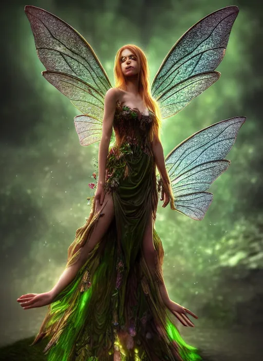 Image similar to beautiful full body portrait fairy faerie fey fae queen forest spirit highly detailed CGsociety subtle enchanting alluring magical concept art HDR hyper realistic volumetric lighting subsurface scattering unreal