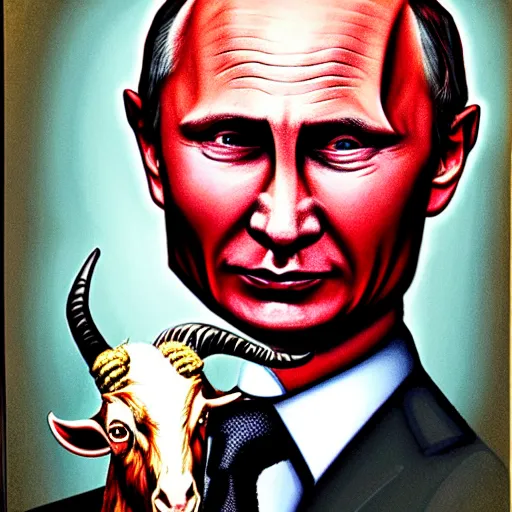 Image similar to portrait of vladimir putin in the form of a devil, with goat horns, red skin and a look of fear on his face