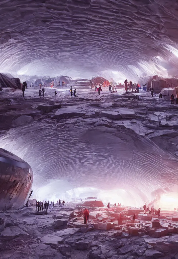 Prompt: big underground city in antartica with a transparent roof that shows a beautiful sunset, multiple people in the tunnels around campfires and futuristic igloos, facinating, fantasy digital art, octane render, beautiful composition, trending on artstation, award-winning photograph, masterpiece