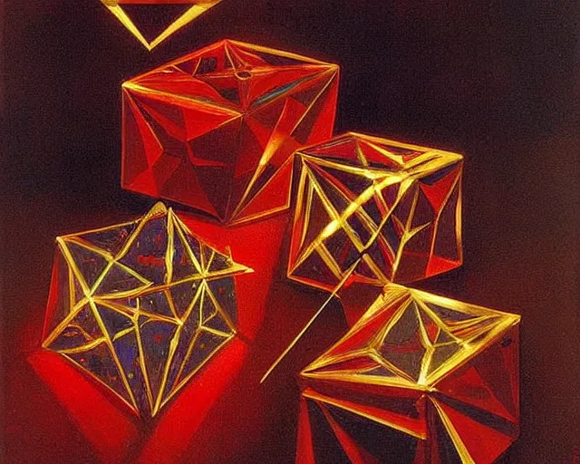 Prompt: painting by john singer sargent. hypercubes, tesseracts, three dimensional shadows of higher dimensional objects. diamonds and gold and bright red streaks of light. john singer sargent art style