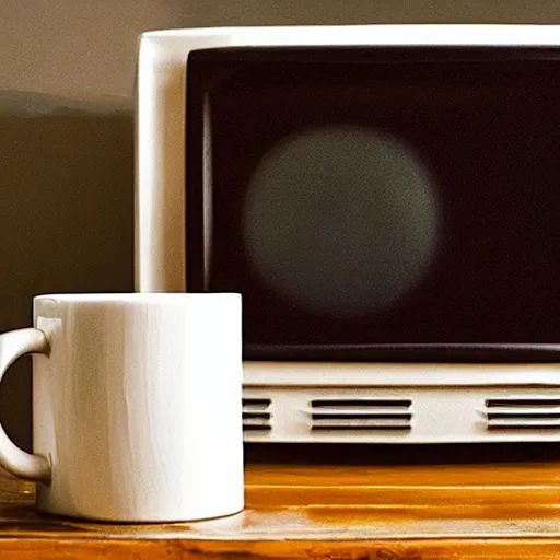 Prompt: a grayscale oil painting of a crt television next to a mug