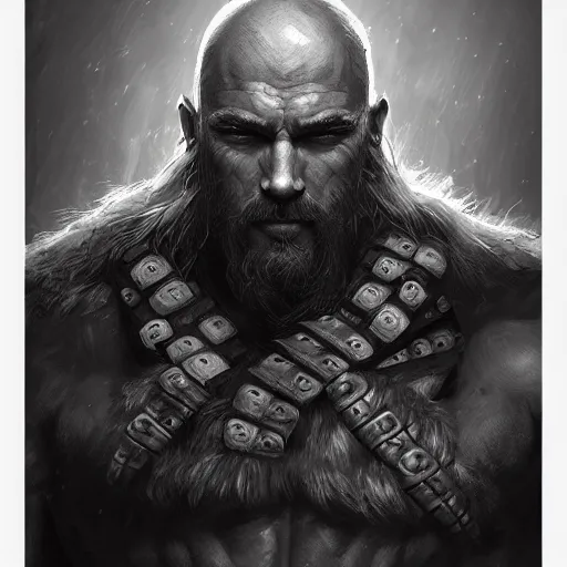 Image similar to portrait of a rugged warrior, muscular, upper body, hairy torso, D&D, fantasy, intricate, elegant, highly detailed, digital painting, artstation, concept art, matte, sharp focus, illustration