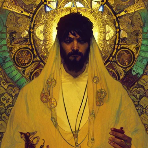 Image similar to king in yellow, highly detailed painting by ilya kuvshinov, alphonse mucha, gaston bussiere, craig mullins, j. c. leyendecker