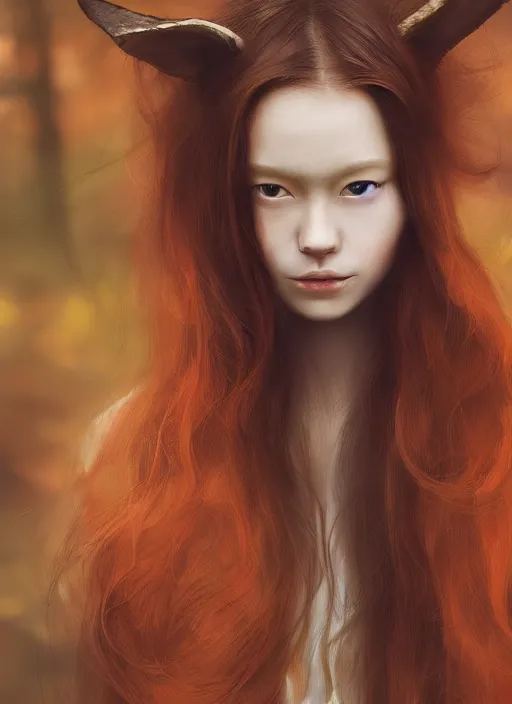 Prompt: portrait painting by tatsuki fujimoto, girl with fox ears, long wavy orange hair, light brown trenchcoat, forest background, focus on face, pretty, moody lighting, painterly
