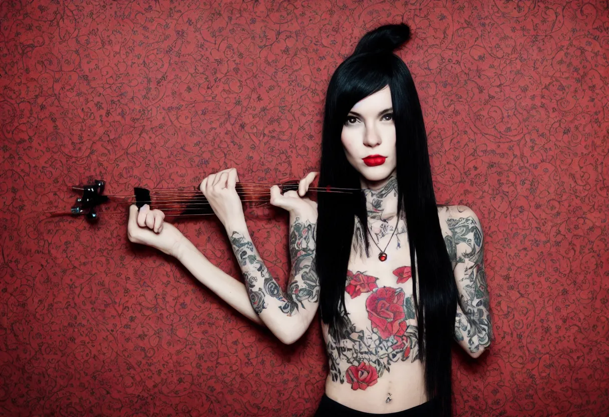 Prompt: Beautiful, slender female, tattooed, with long straight black hair is playing the drumset, glimpses at the camera, little room, red tapestry on walls, night outside, 4k photography, well lit face