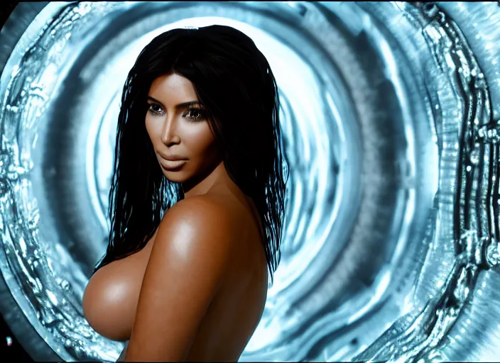 Prompt: film still of kim kardashian inside a glass chamber unconscious, wearing a bikini, slathered in a transparent alien liquid, wet flowing hair, gooey skin, illustration, unreal engine 5, 8 k, directed by h. r. giger.