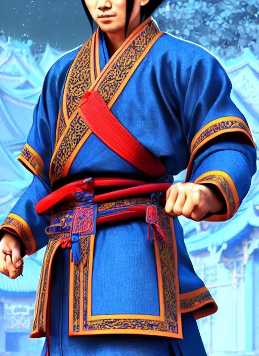 Prompt: male martial artist with a manchu pigtail!!!! asian facial features and blue eyes!! intricate ornate blue robes!! character concept art, sharp focus, octane render! unreal engine 5! highly rendered!! trending on artstation!! detailed linework!! illustration by artgerm, wlop, and chie yoshii