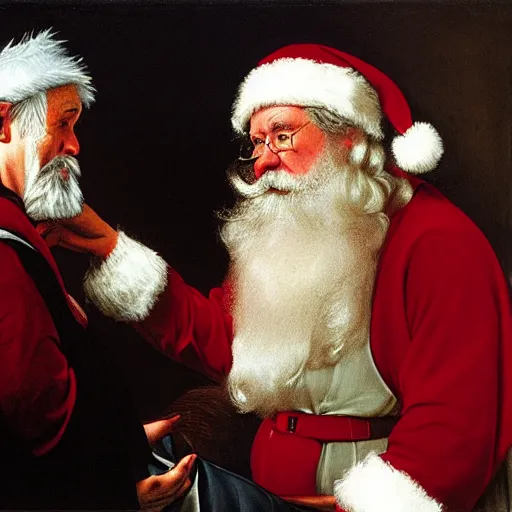 Prompt: Father Christmas arguing with Professor Brian Cox Painted by Caravaggio