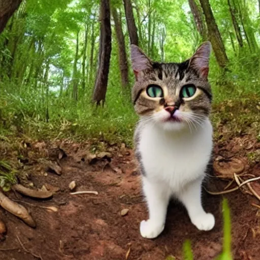 Prompt: Trailcam footage of a cat crouching down towards the camera and eating a mushroom, shot from the ground, wide lens, hyper detailed