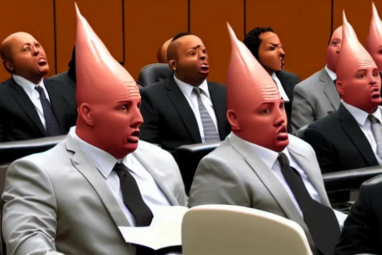 Image similar to coneheads testifying in court, detailed facial expressions