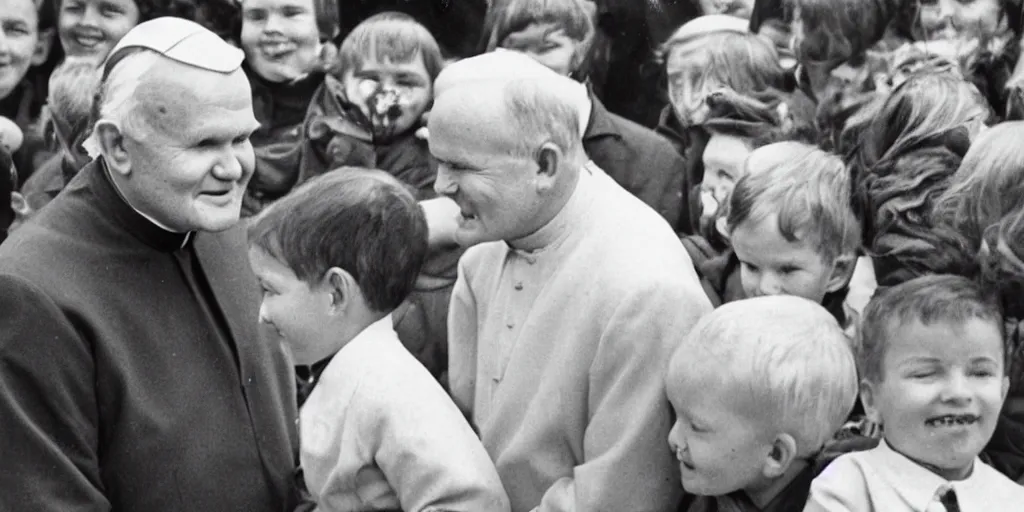 Prompt: John Paul II with a smirk on his face surrounded by children